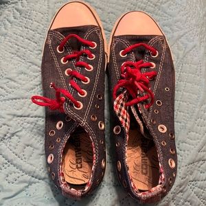 Denim and red and blue plaid gently worn Converse low tops